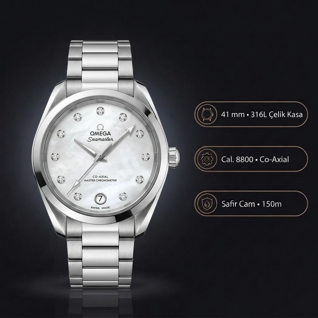 Omega 41 mm 220.10.41 Gmt Master Ii Seamaster Aqua Terra Gümüş Kadran Çelik Kordon Super Clone ETA Saat