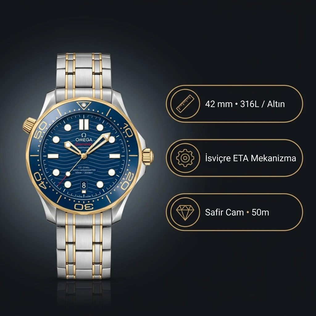 Omega 42 mm 210.30.42 Seamaster Diver 300 M Blue Dial Gold Bezel Super Clone ETA Saat