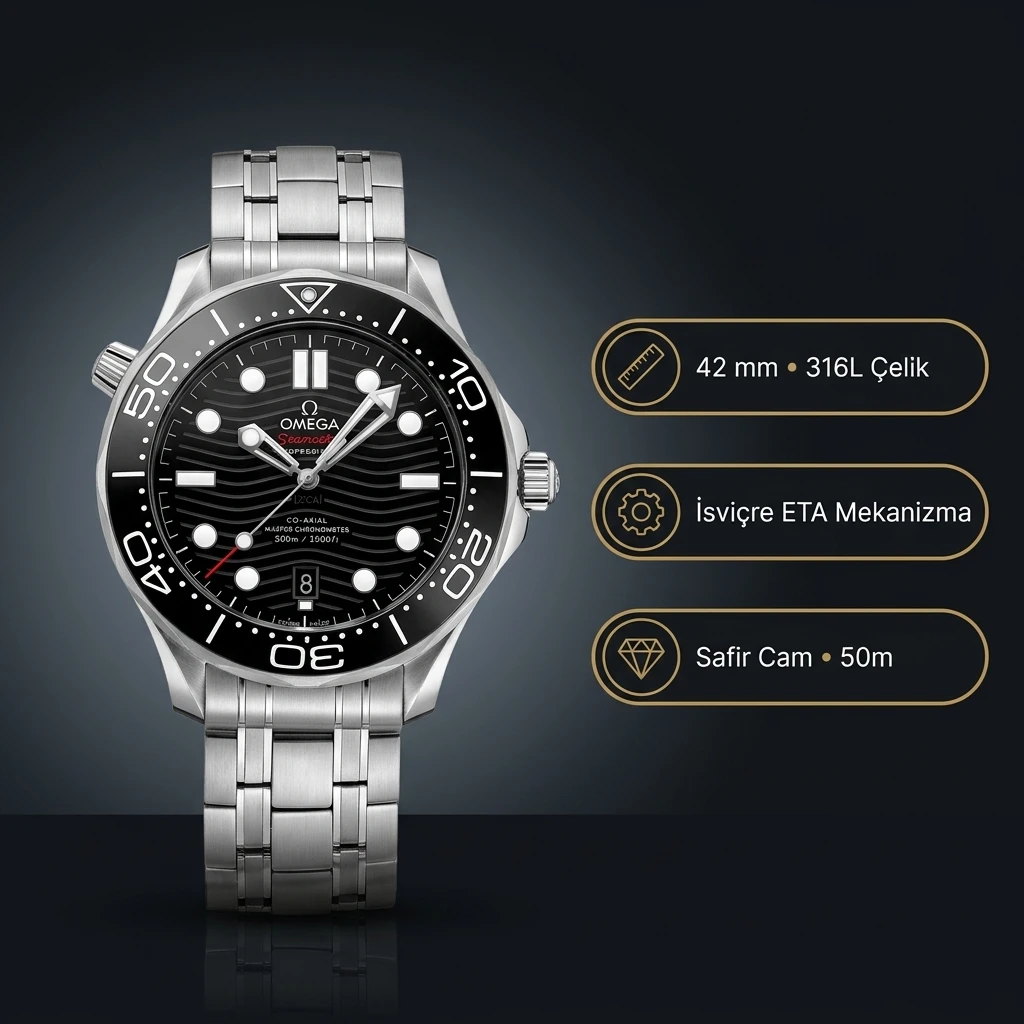 Omega 42 mm 210.30.42 Seamaster Diver 300 M Coaxial Master Black Super Clone Eta V2 Super Clone ETA Saat