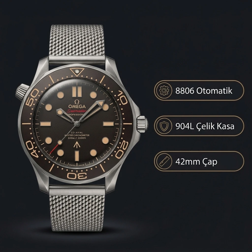 Omega 42 mm 210.30.42 Seamaster Diver 300m 007 Siyah Kadran Çelik Super Clone ETA Saat