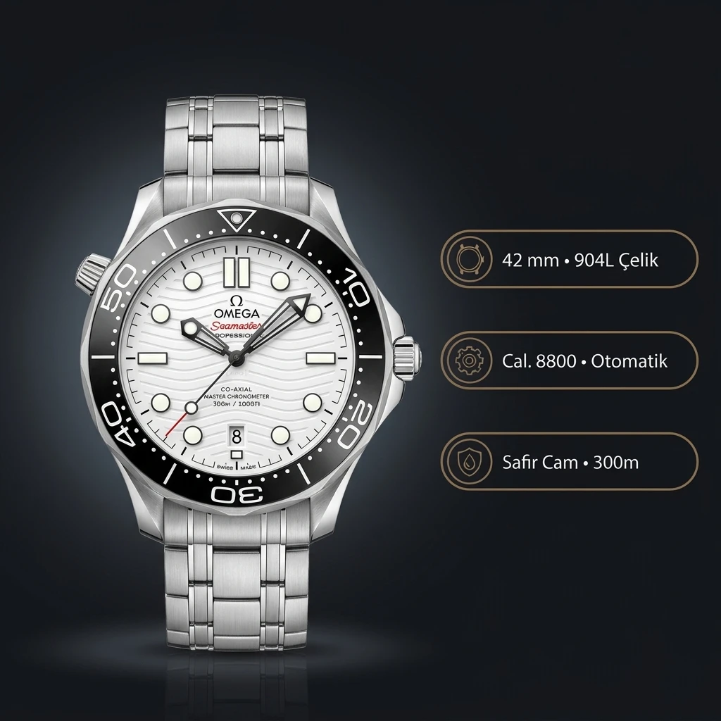 Omega 42 mm 210.30.42 Seamaster Diver 300m Beyaz Kadran Çelik Super Clone ETA Saat