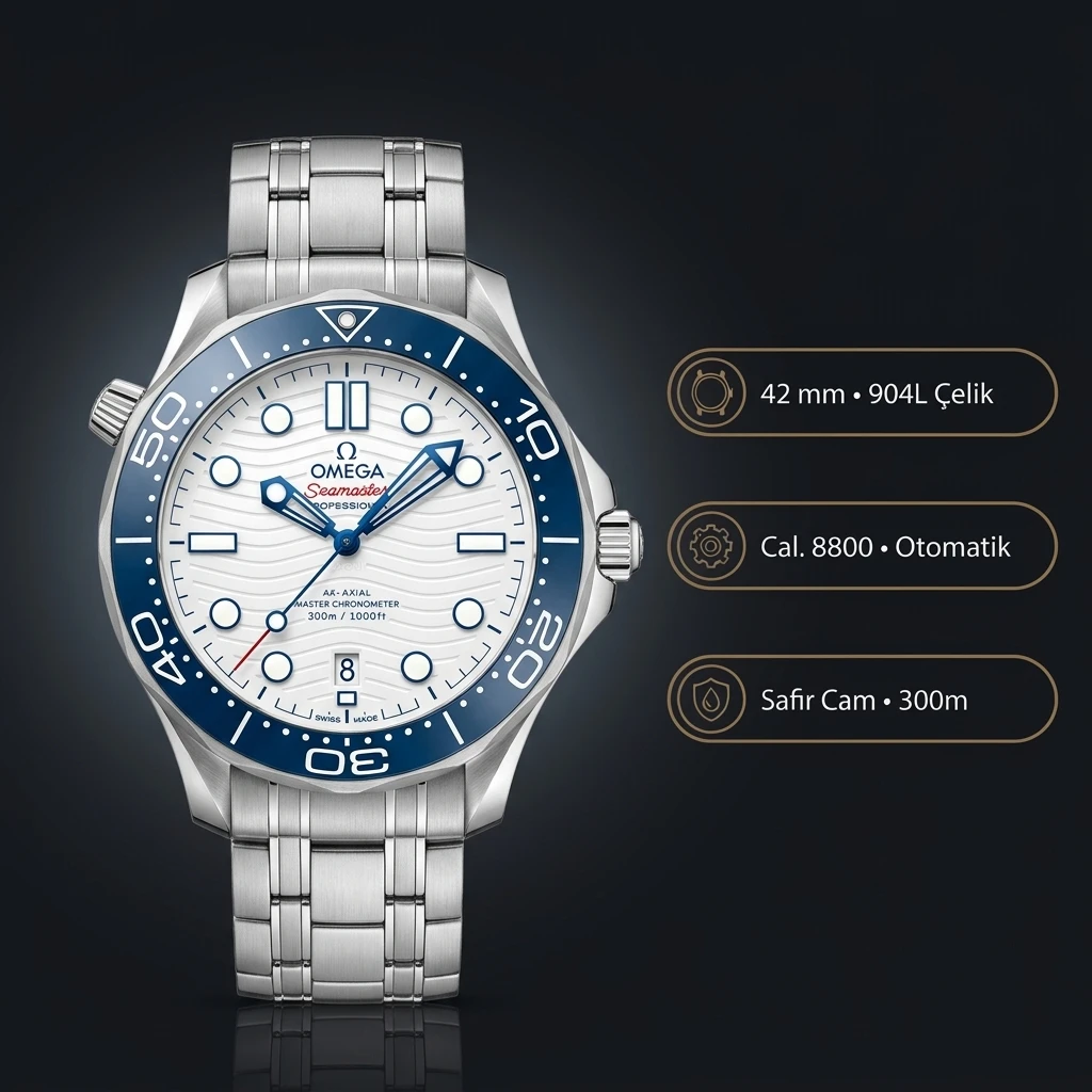 Omega 42 mm 210.30.42 Seamaster Diver 300m Beyaz Kadran Mavi Bezel Çelik Super Clone ETA Saat