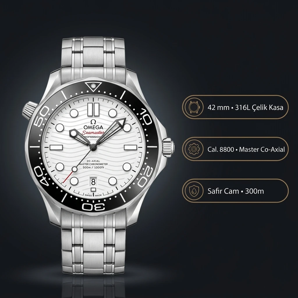 Omega 42 mm 210.30.42 Seamaster Diver 300m Beyaz Kadran Siyah Bezel Çelik Kordon Super Clone ETA Saat