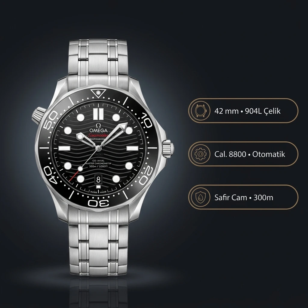 Omega 42 mm 210.30.42 Seamaster Diver 300m Gmt Siyah Kadran Çelik Super Clone ETA Saat