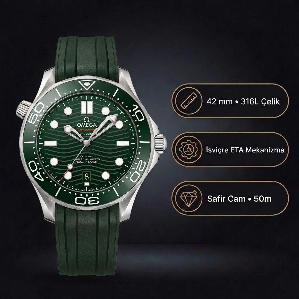 Omega 42 mm 210.30.42 Seamaster Diver 300m Green Rubber Super Clone ETA Saat