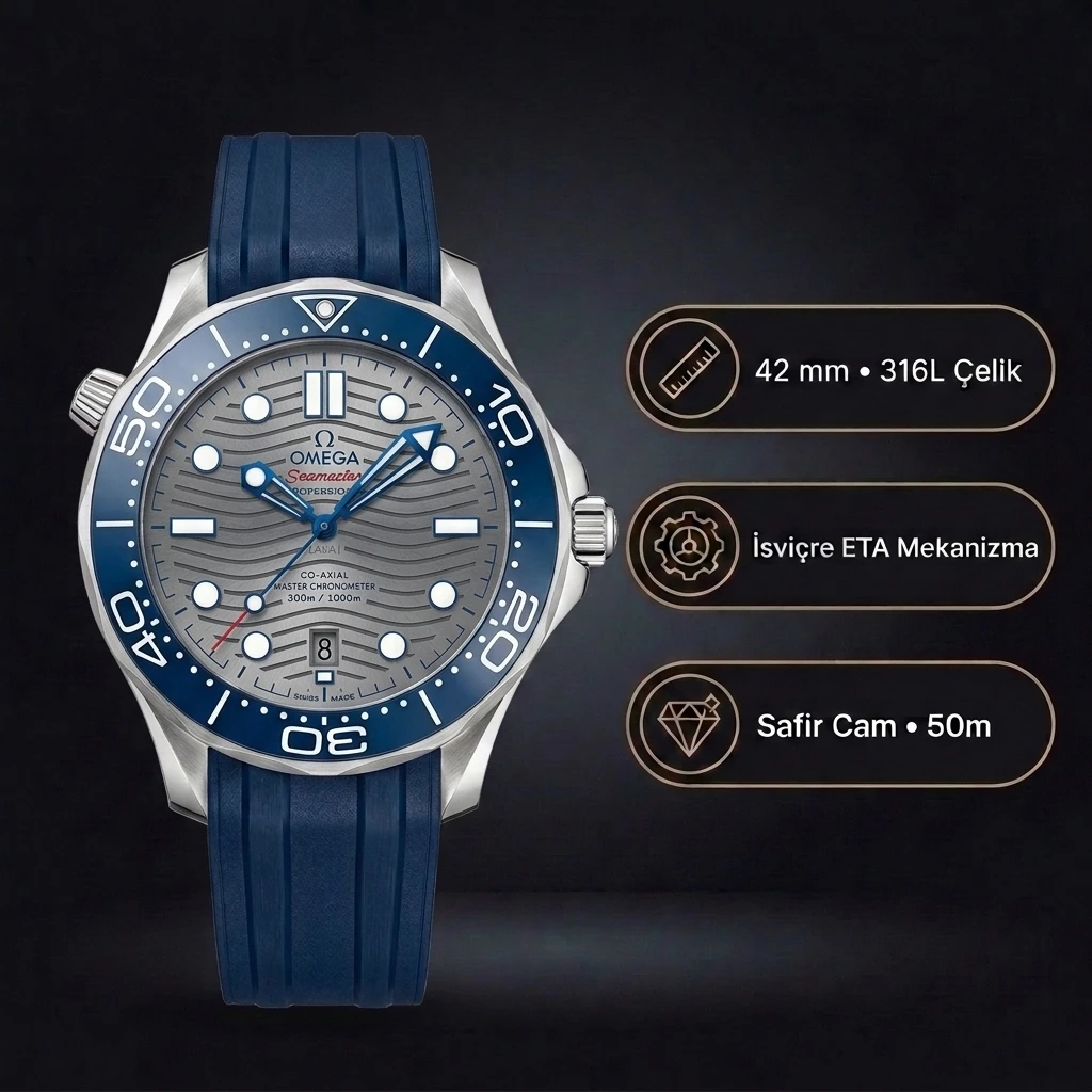 Omega 42 mm 210.30.42 Seamaster Diver 300m Gri Kadran Mavi Silikon Kayis Super Clone ETA Saat