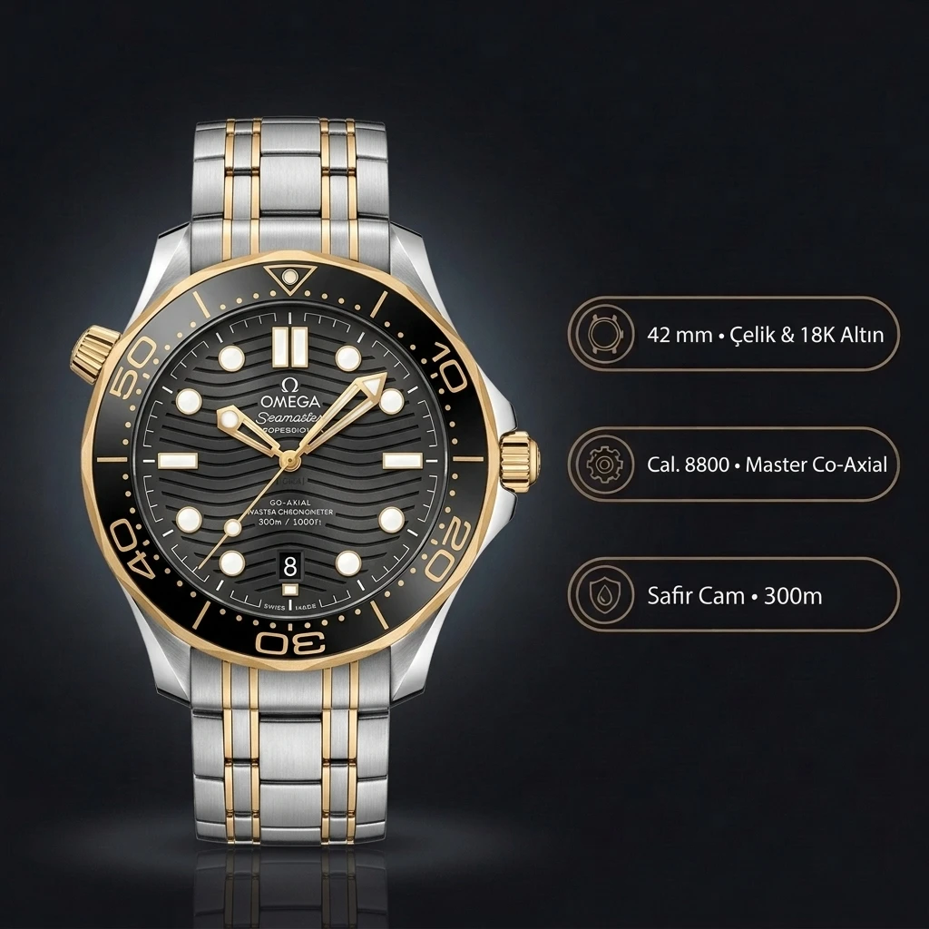 Omega 42 mm 210.30.42 Seamaster Diver 300m Gri Kadran Siyah Bezel Çelik Altın Kordon Super Clone ETA Saat