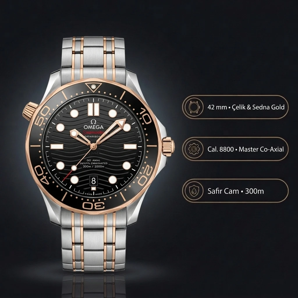 Omega 42 mm 210.30.42 Seamaster Diver 300m Gri Kadran Siyah Bezel Çelik Rose Kordon Super Clone ETA Saat