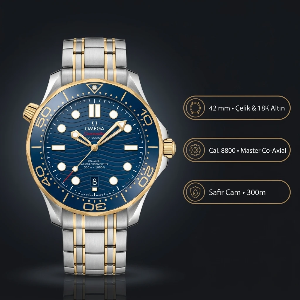 Omega 42 mm 210.30.42 Seamaster Diver 300m Mavi Kadran Mavi Bezel Çelik Altın Kordon Super Clone ETA Saat