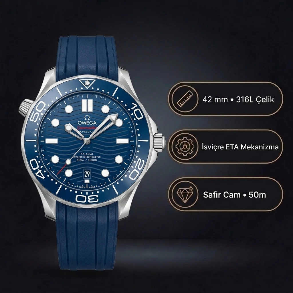 Omega 42 mm 210.30.42 Seamaster Diver 300m Mavi Silikon Kordon Super Clone ETA Saat