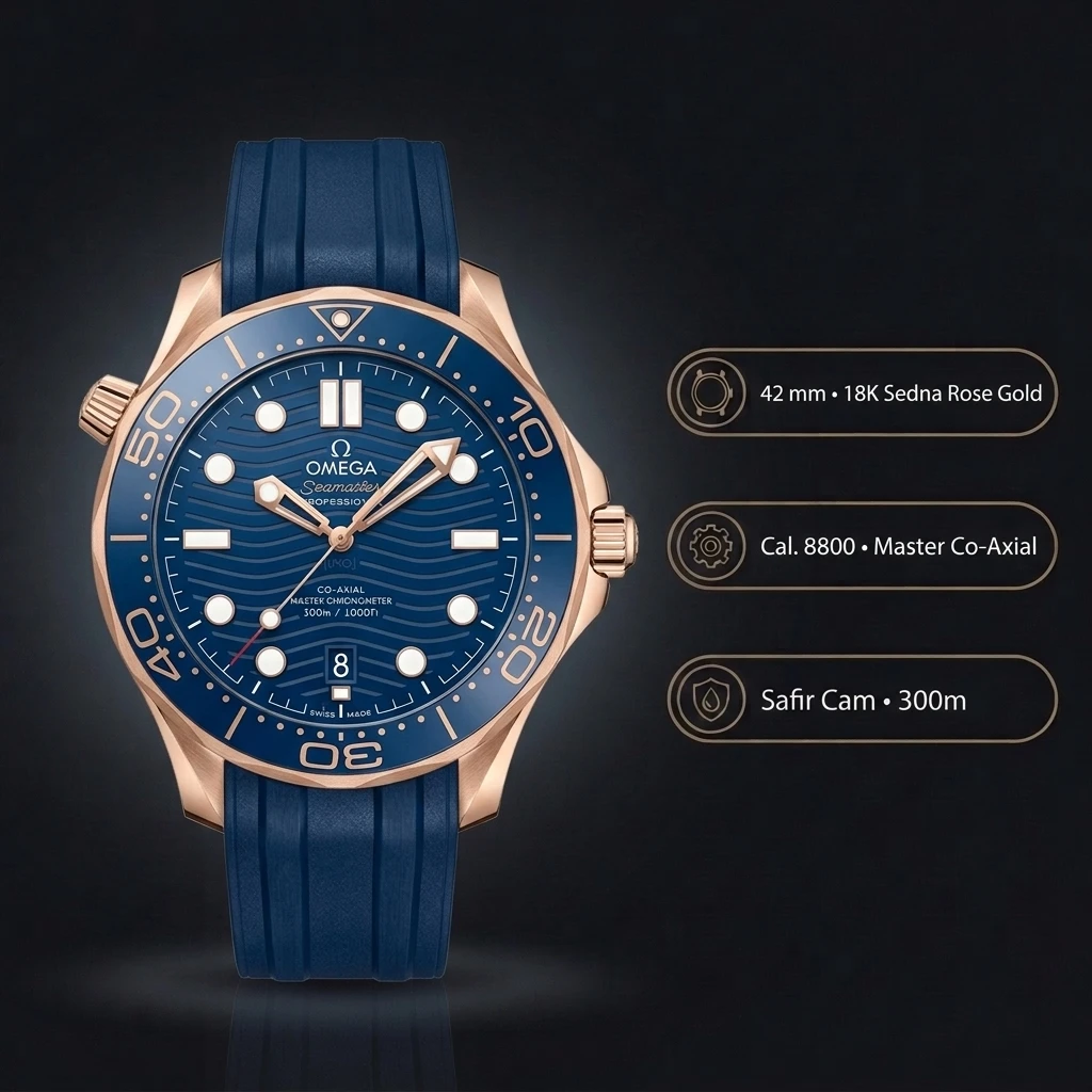 Omega 42 mm 210.30.42 Seamaster Diver 300m Rose Altın Kasa Mavi Seramik Bezel Mavi Kadran Mavi Kauçuk Kordon Super Clone ETA Saat
