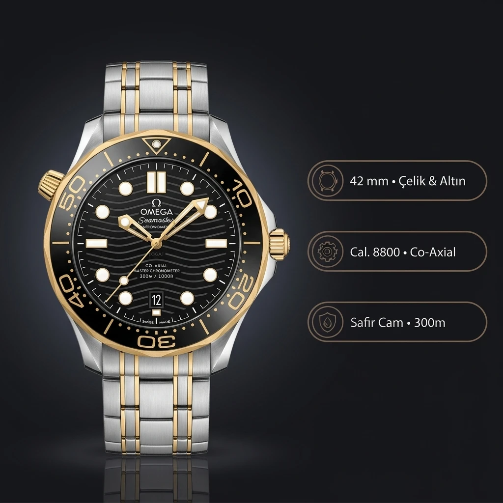 Omega 42 mm 210.30.42 Seamaster Diver 300m Siyah Kadran Altın Çelik Kasa Seramik Bezel Çelik Kordon Super Clone ETA Saat