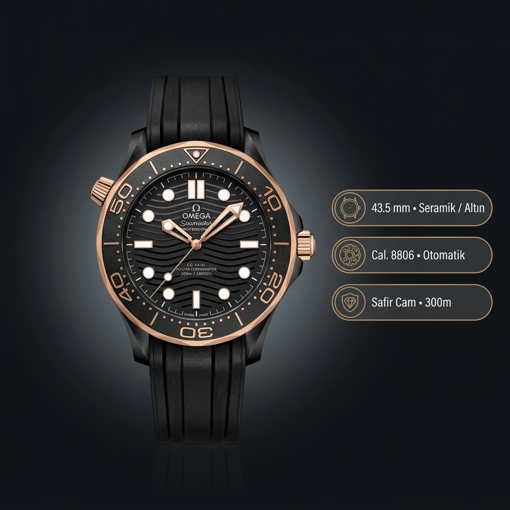 Omega 42 mm 210.30.42 Seamaster Diver 300m Siyah Kadran Sari Altın Kauçuk Kordon Super Clone ETA Saat