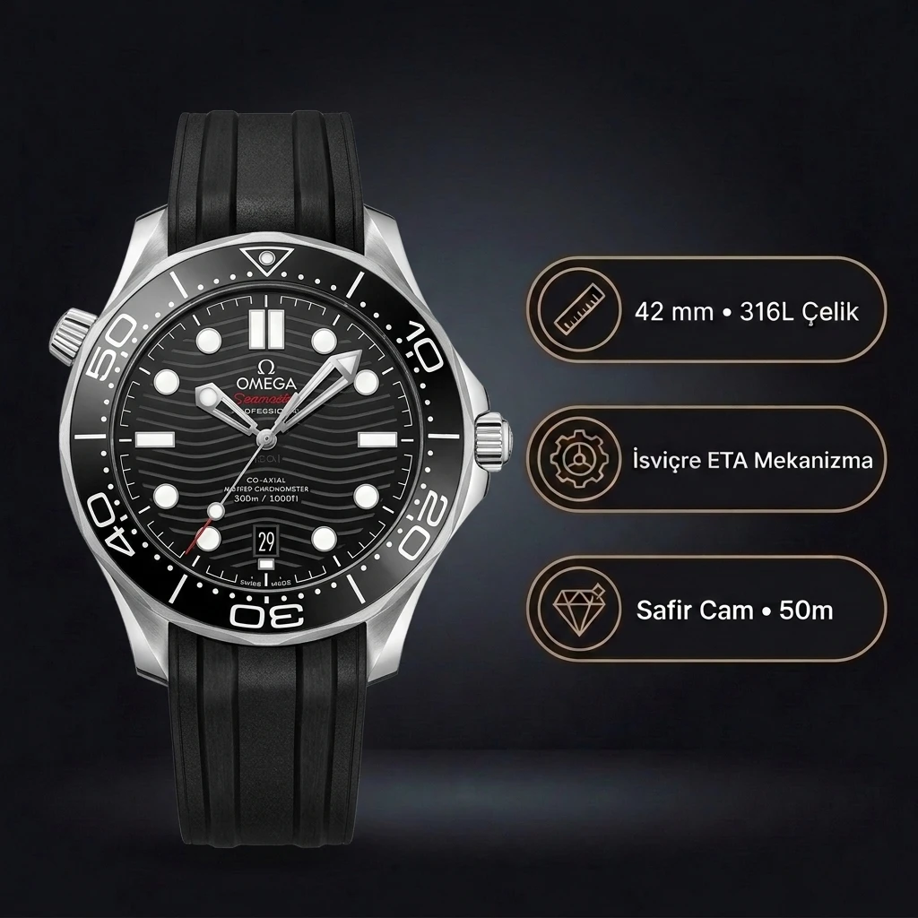 Omega 42 mm 210.30.42 Seamaster Diver 300m Siyah Silikon Kayis Super Clone ETA Saat