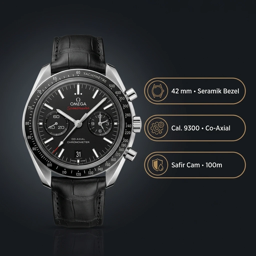 Omega 42 mm 310.30.42 Speedmaster Moonwatch Siyah Kadran Seramik Bezel Siyah Deri Super Clone ETA Saat