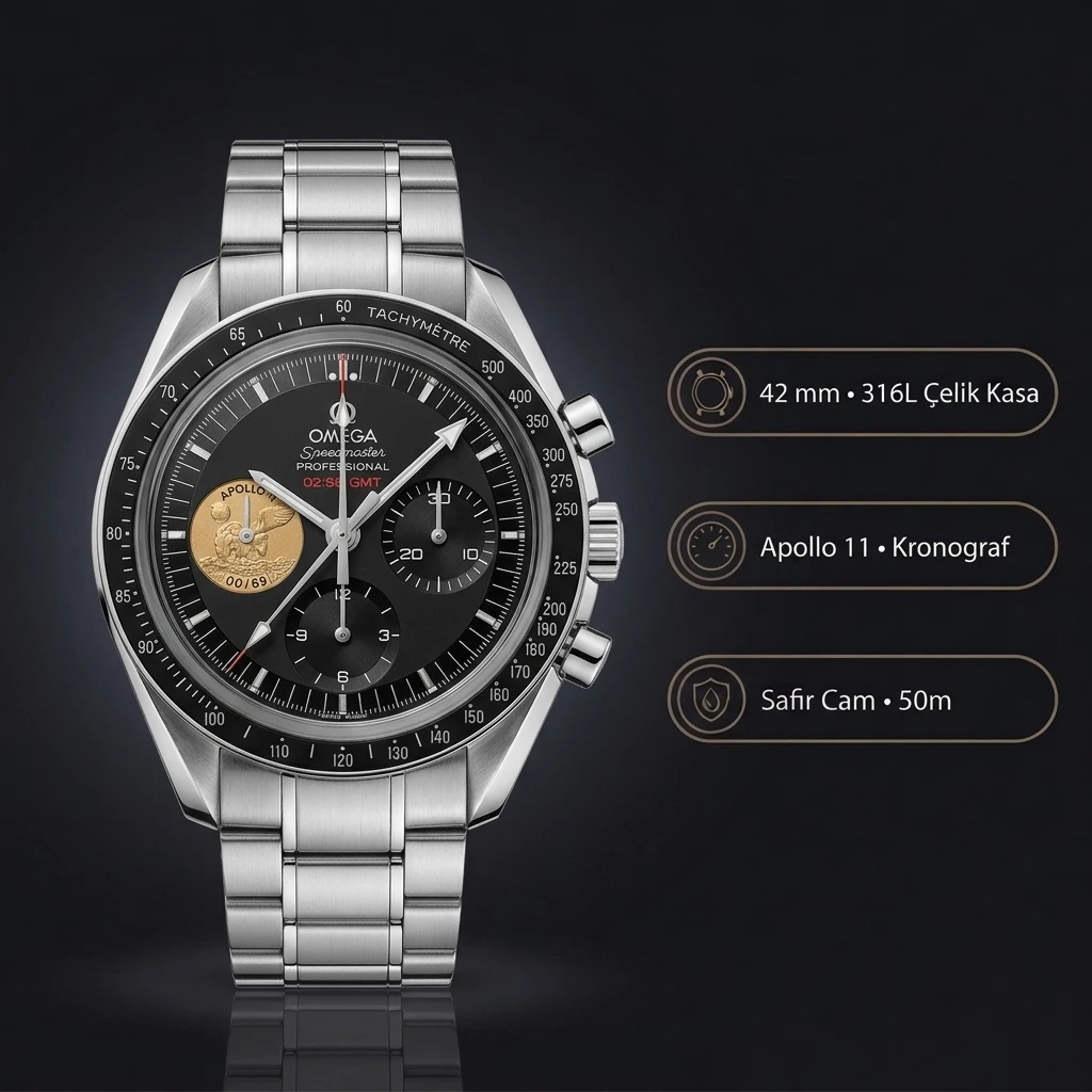 Omega 42 mm 310.30.42 Speedmaster Professional Moonwatch Apollo 11 Siyah Kadran Çelik Kordon Super Clone ETA Saat