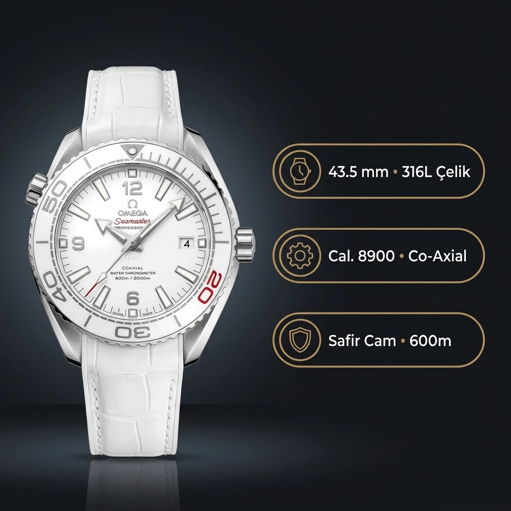 Omega 43.5 mm 215.30.44 Gmt Master Ii Seamaster Planet Ocean Gümüş Kadran Beyaz Deri Kordon Super Clone ETA Saat