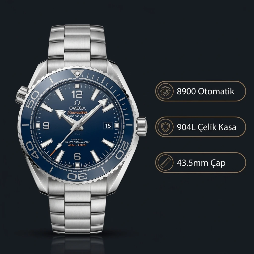Omega 43.5 mm 215.30.44 Seamaster Planet Ocean 600m Mavi Kadran Çelik 435mm Super Clone ETA Saat