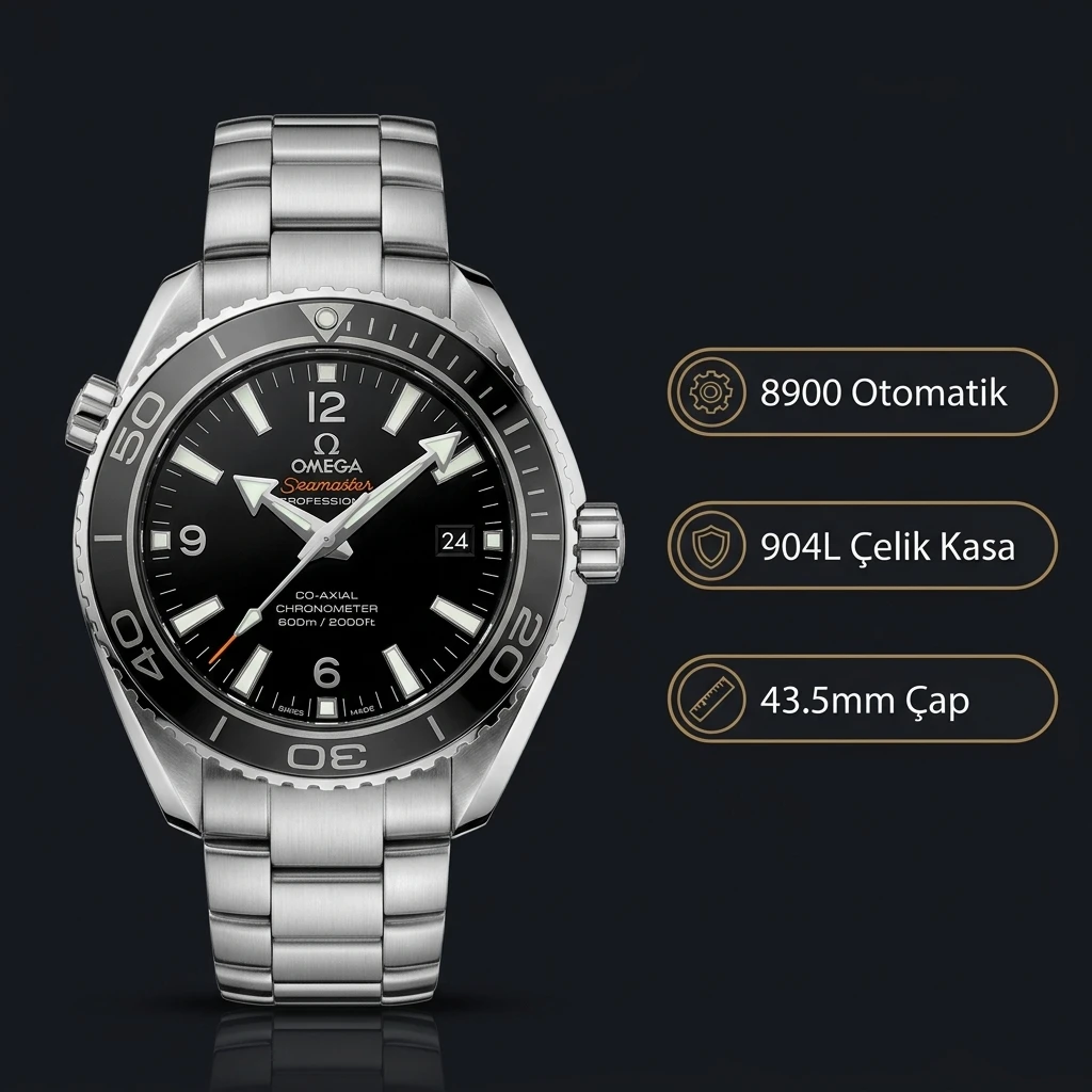 Omega 43.5 mm 215.30.44 Seamaster Planet Ocean 600m Siyah Kadran Çelik 435mm Super Clone ETA Saat