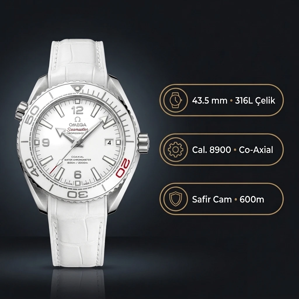 Omega 43.5 mm 215.30.44 Seamaster Planet Ocean Beyaz Kadran Beyaz Deri Kordon Super Clone ETA Saat