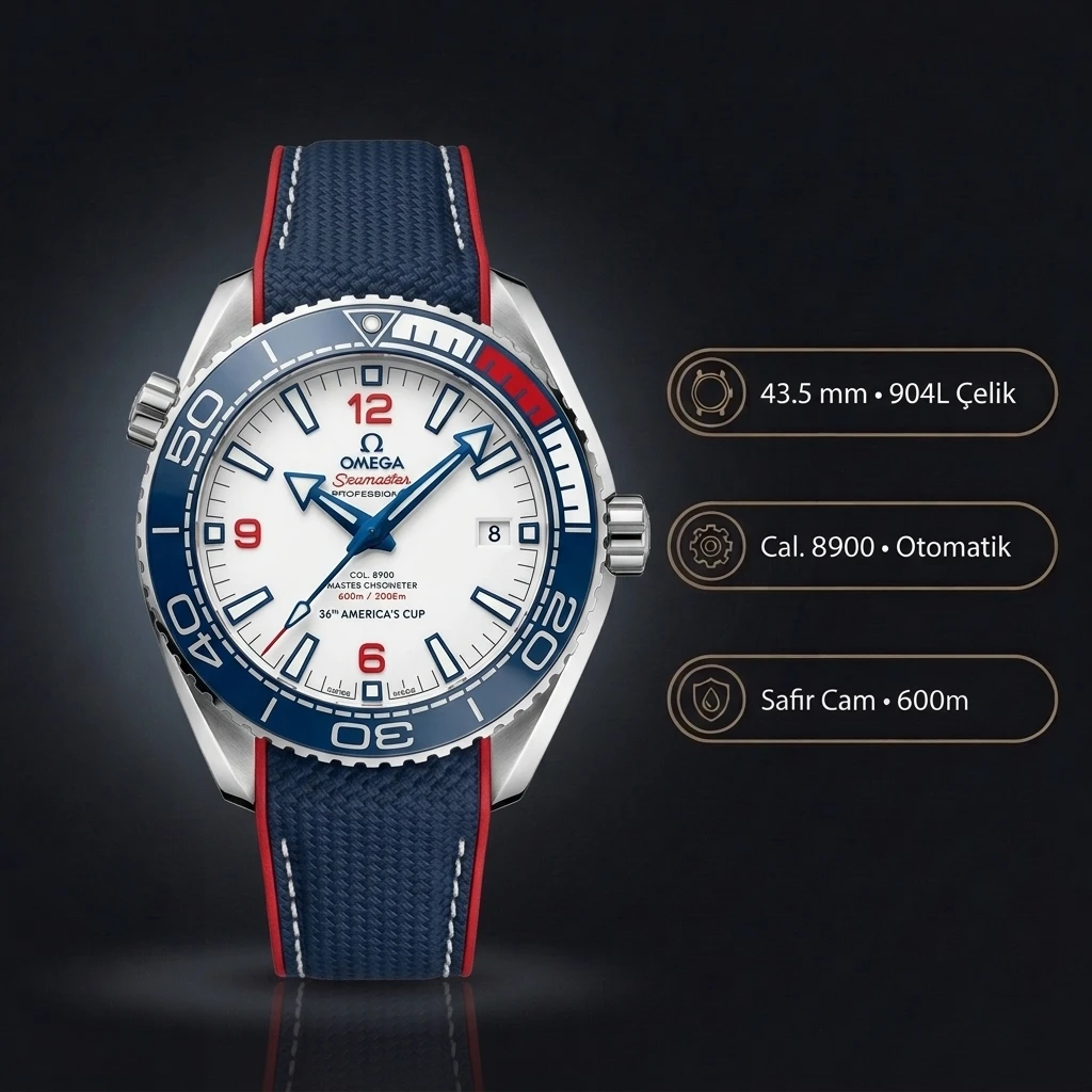 Omega 43.5 mm 215.30.44 Seamaster Planet Ocean Beyaz Kadran Mavi Bezel Kauçuk Kordon Super Clone ETA Saat