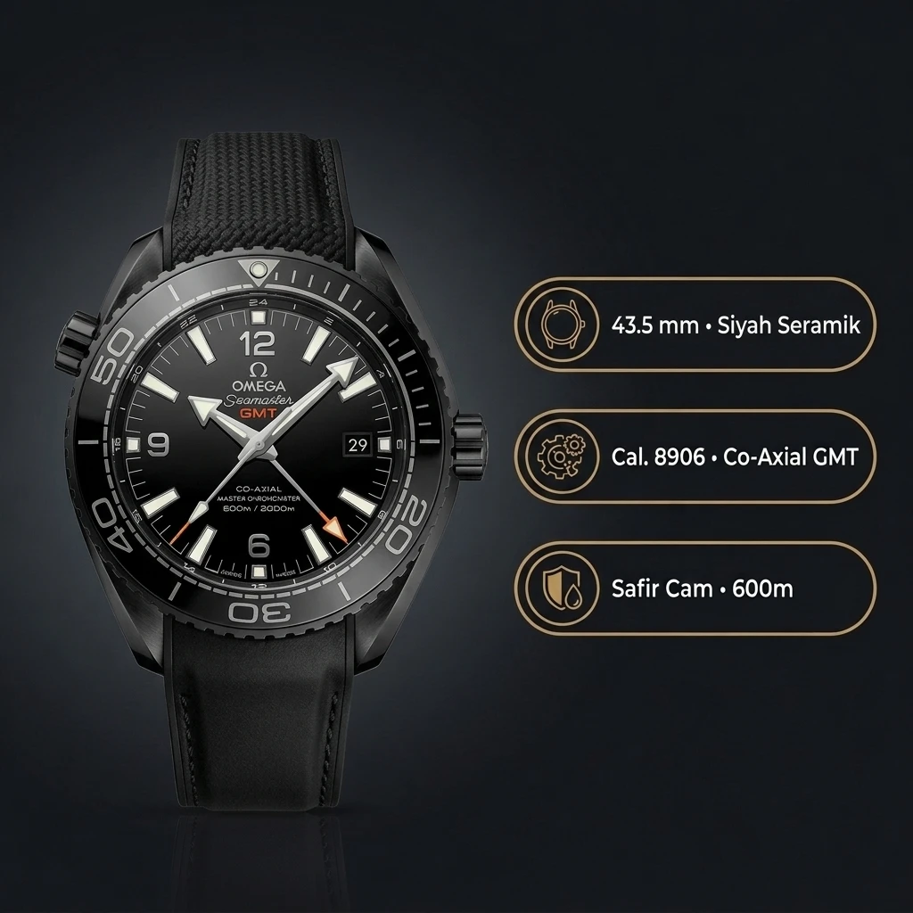 Omega 43.5 mm 215.30.44 Seamaster Planet Ocean Deep Black Gmt Siyah Kadran Seramik Kasa Kauçuk Kordon Super Clone ETA Saat