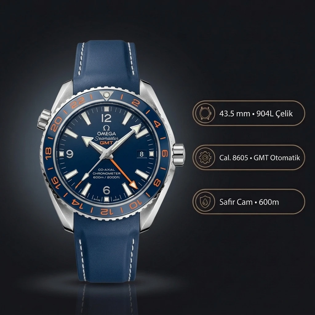 Omega 43.5 mm 215.30.44 Seamaster Planet Ocean Gmt Mavi Kadran Kauçuk Kordon Super Clone ETA Saat
