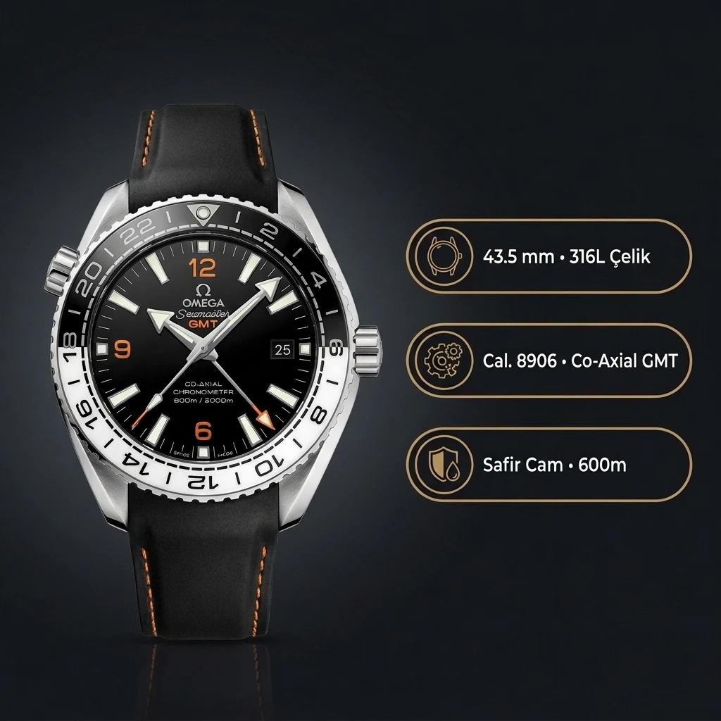 Omega 43.5 mm 215.30.44 Seamaster Planet Ocean Gmt Siyah Kadran Kauçuk Kordon Super Clone ETA Saat