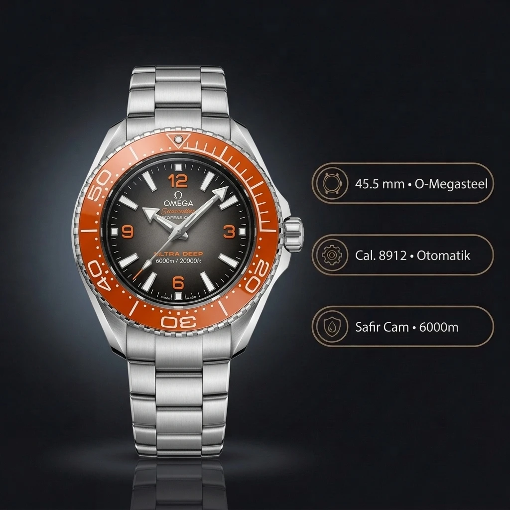 Omega 43.5 mm 215.30.44 Seamaster Planet Ocean Gmt Siyah Turuncu Çelik Super Clone ETA Saat