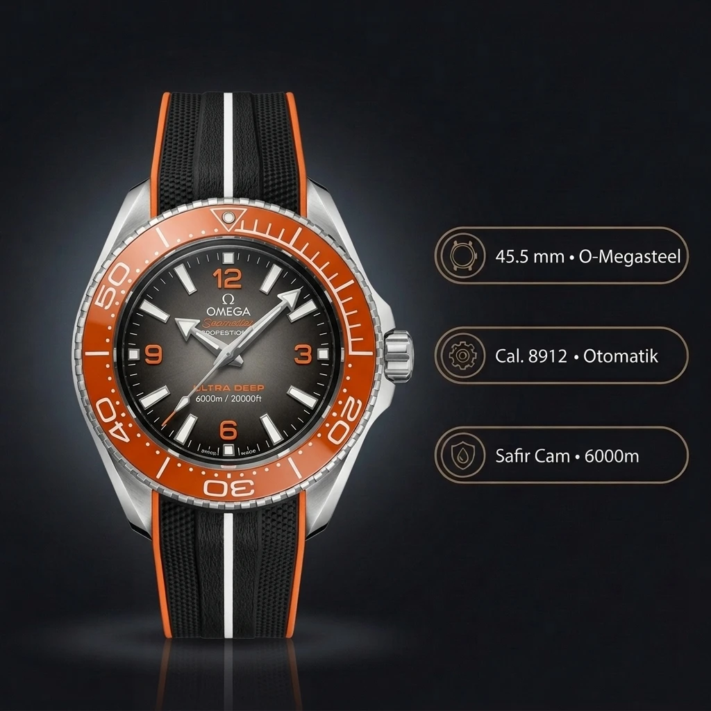 Omega 43.5 mm 215.30.44 Seamaster Planet Ocean Gri Kadran Turuncu Bezel Kauçuk Kordon Super Clone ETA Saat