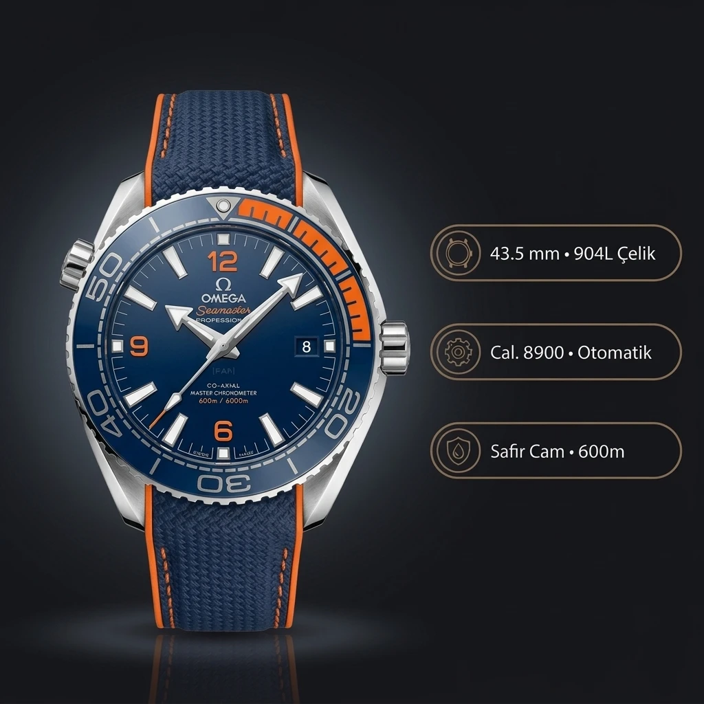 Omega 43.5 mm 215.30.44 Seamaster Planet Ocean Mavi Kadran Kauçuk Kordon Super Clone ETA Saat