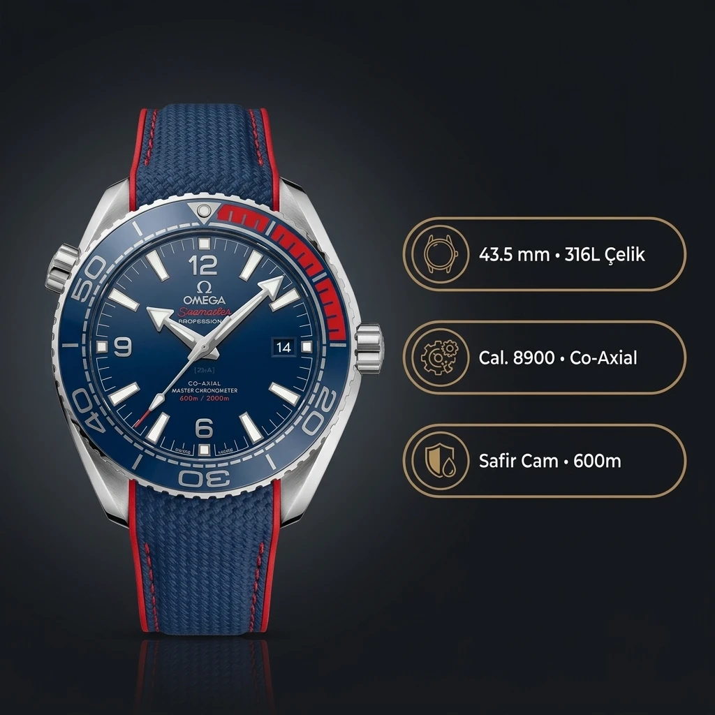 Omega 43.5 mm 215.30.44 Seamaster Planet Ocean Mavi Kadran Mavi Bezel Kauçuk Kordon Super Clone ETA Saat