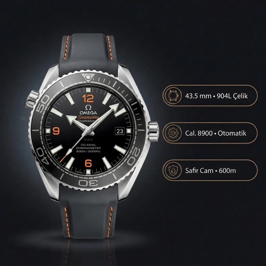 Omega 43.5 mm 215.30.44 Seamaster Planet Ocean Siyah Kadran Gri Kauçuk Kordon Super Clone ETA Saat
