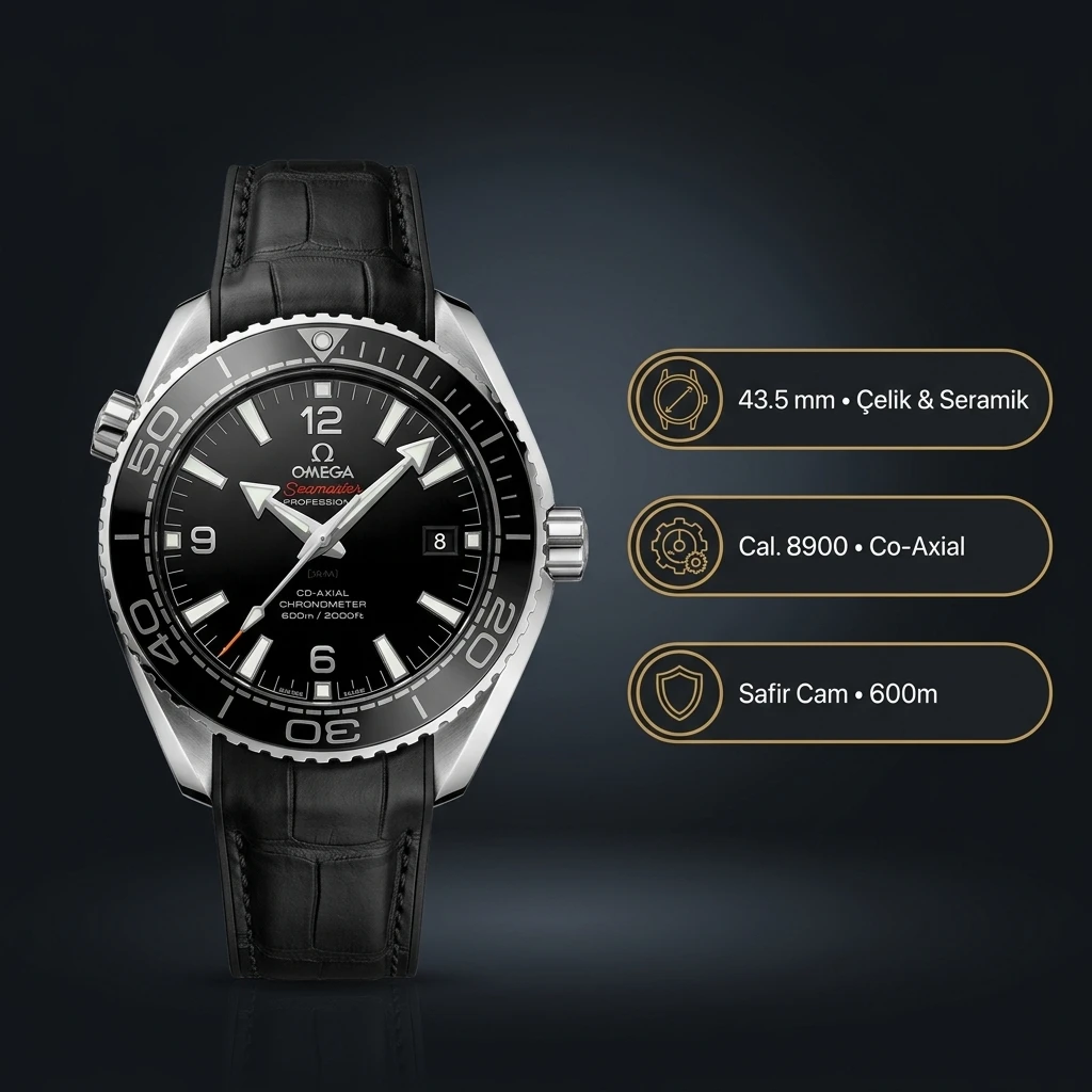 Omega 43.5 mm 215.30.44 Seamaster Planet Ocean Siyah Kadran Seramik Bezel Siyah Kauçuk Kordon Super Clone ETA Saat
