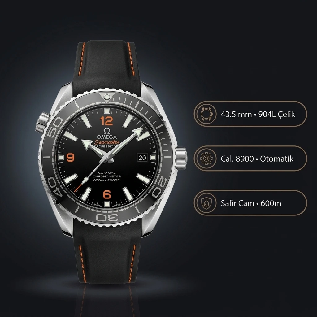 Omega 43.5 mm 215.30.44 Seamaster Planet Ocean Siyah Turuncu Bezel Kauçuk Kordon Super Clone ETA Saat