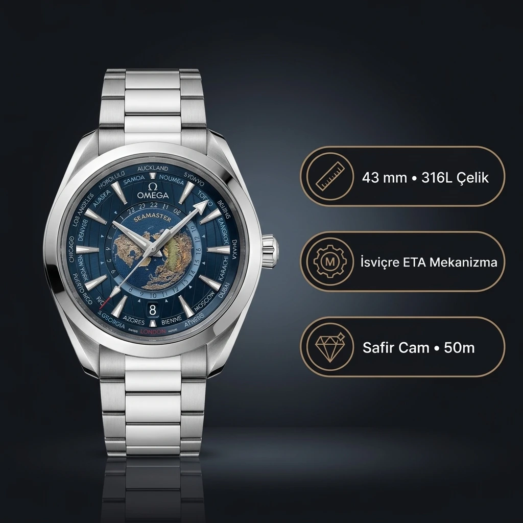 Omega 43 mm 220.10.43 Seamaster Aqua Terra 150m Gmt Worldtimer Super Clone ETA Saat