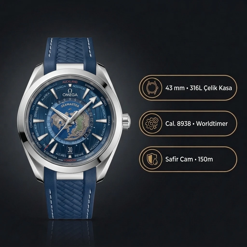 Omega 43 mm 220.10.43 Seamaster Aqua Terra Worldtimer Mavi Kadran Kauçuk Kordon Super Clone ETA Saat