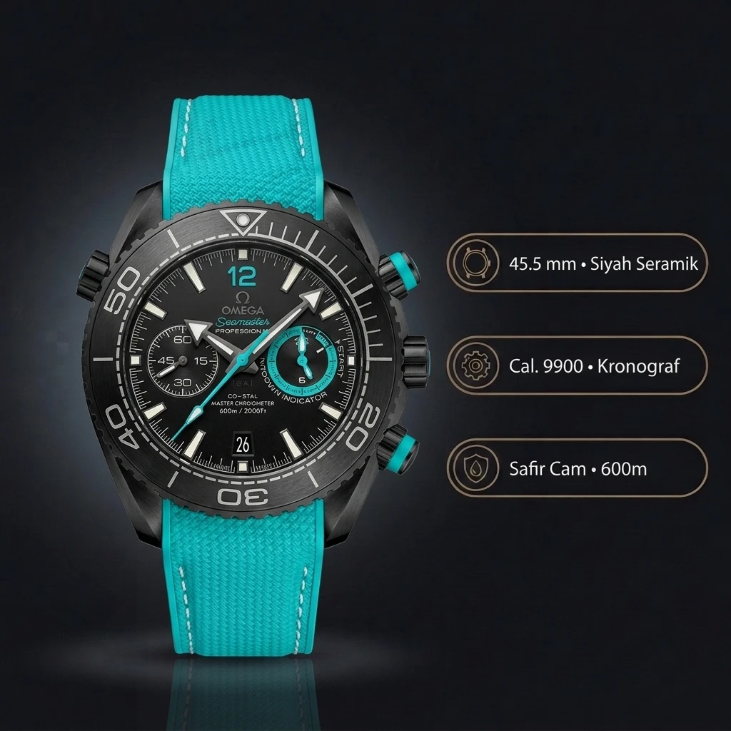 Omega 45.5 mm 215.92.46 Seamaster Planet Ocean Siyah Turkuaz Chronograph Kauçuk Kordon Super Clone ETA Saat