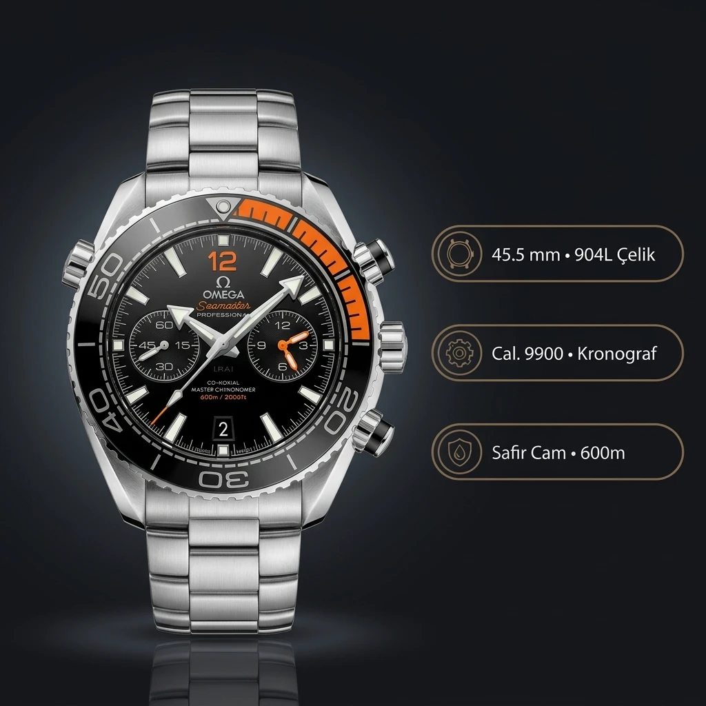 Omega 45.5 mm 215.92.46 Seamaster Planet Ocean Siyah Turuncu Chronograph Çelik Super Clone ETA Saat
