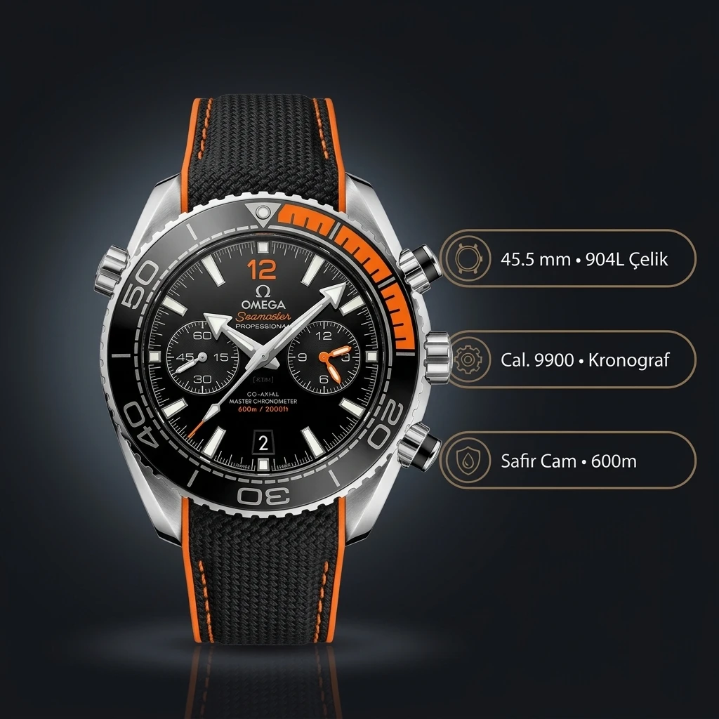 Omega 45.5 mm 215.92.46 Seamaster Planet Ocean Siyah Turuncu Chronograph Kordon Super Clone ETA Saat