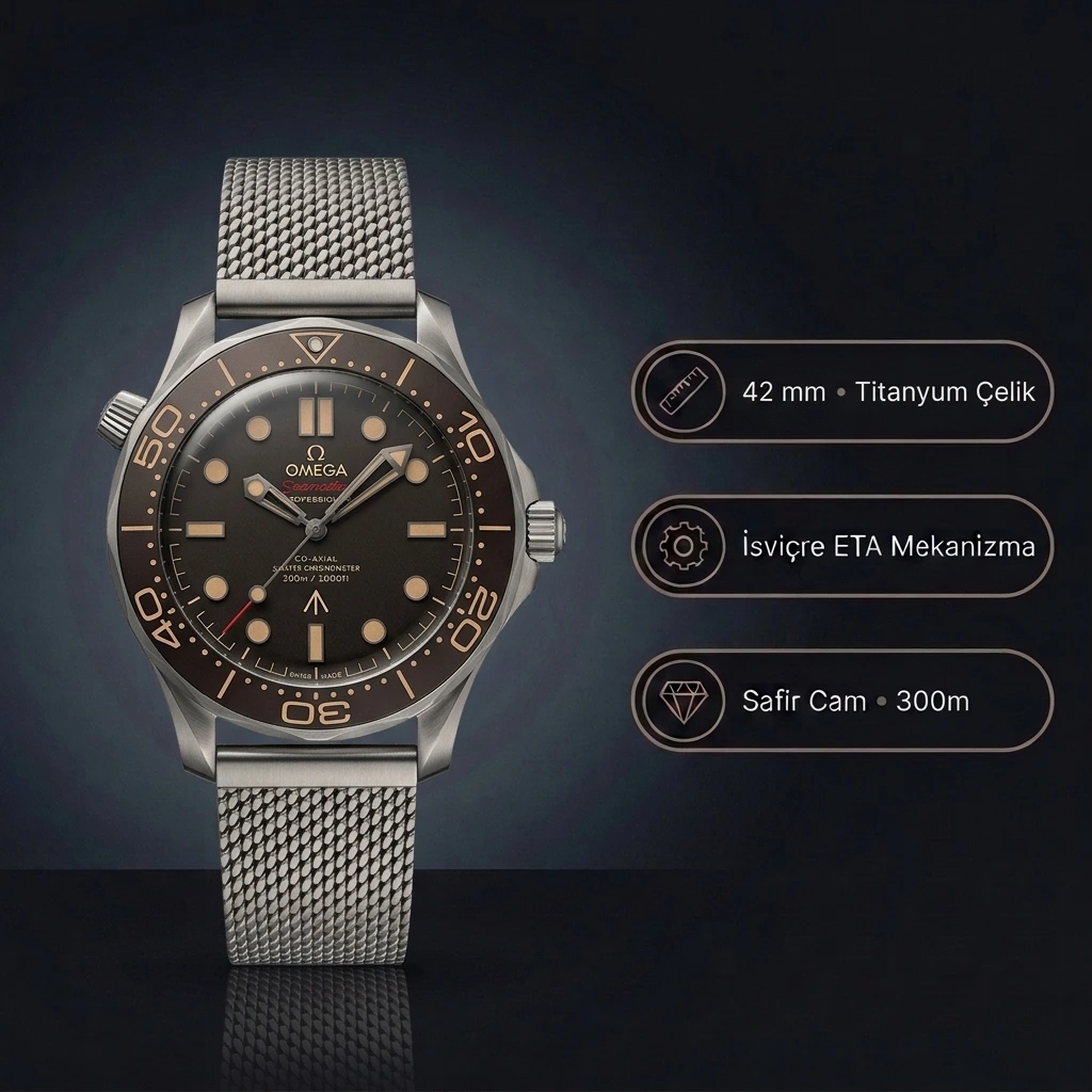 Omega Seamaster Diver 300M 007 Edition 42 MM Kahve Tropikal Kadran Hasır Titanyum Bilezik Super Clone ETA Saat