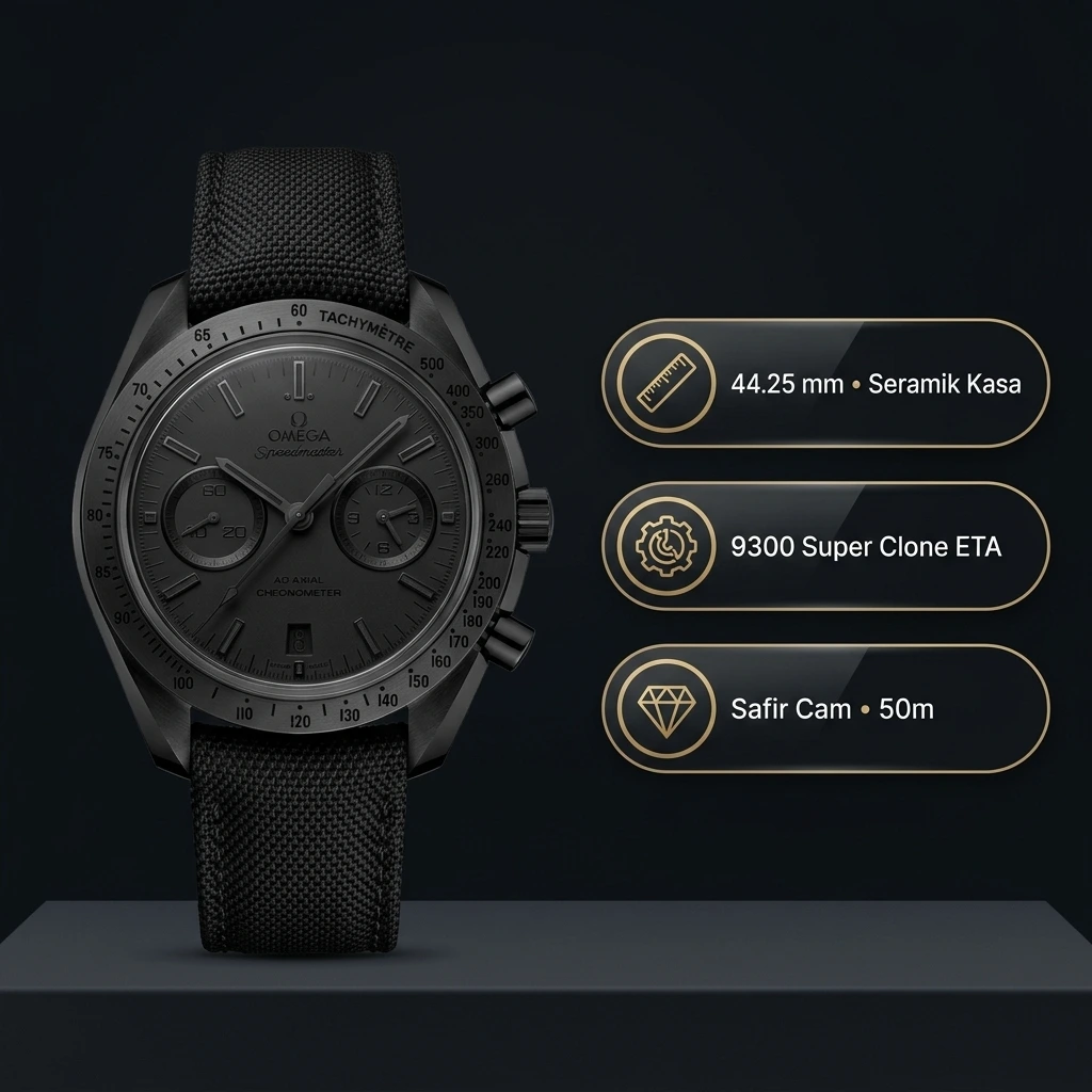 Omega Speedmaster Dark Side of the Moon Black Black 44.25 MM 311.92.44.51.01.005 Siyah Seramik Kasa Siyah Kadran Siyah Kumaş Kordon Super Clone ETA Saat