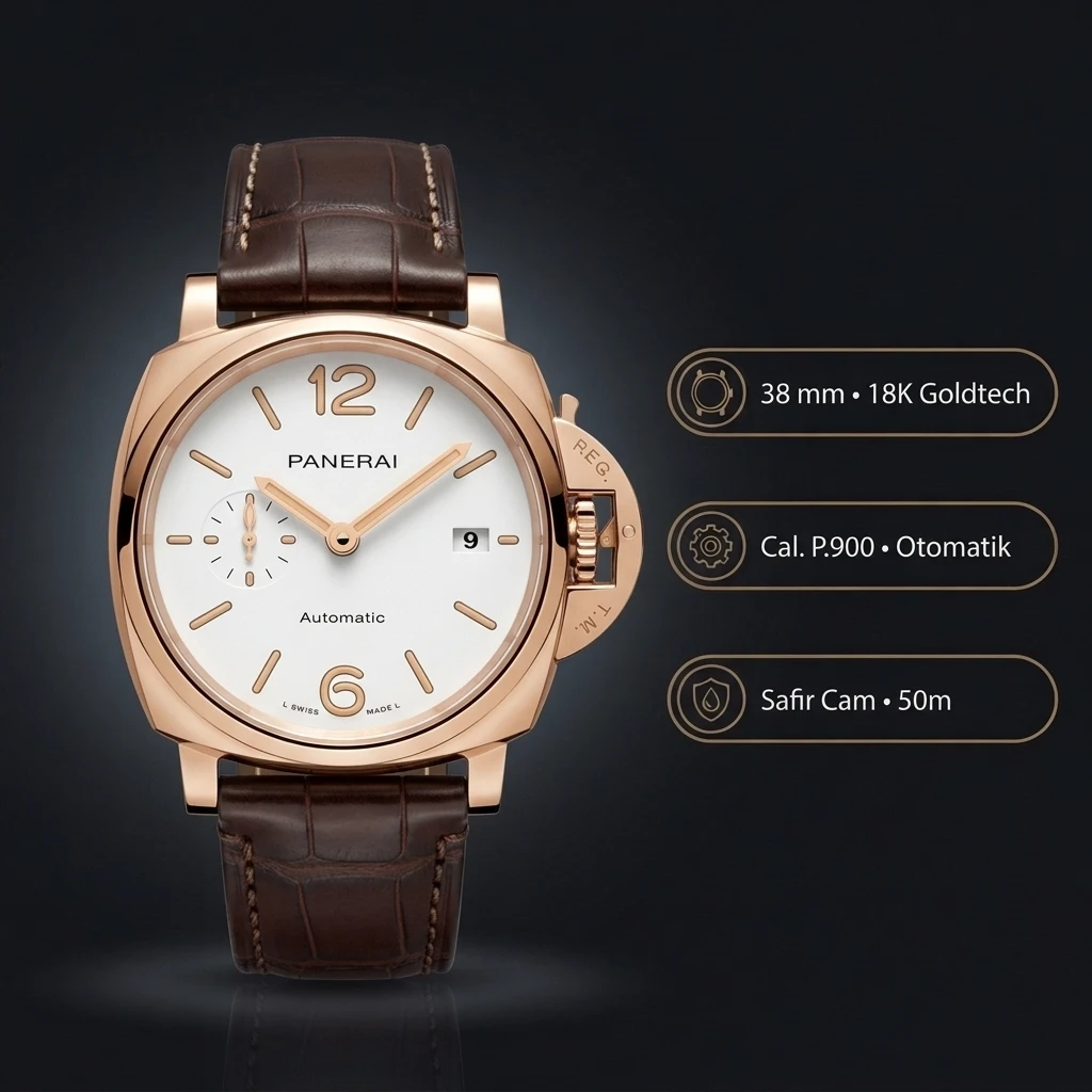 Panerai 38 mm PAM00903 Luminor Due Beyaz Kadran Altın Super Clone ETA Saat