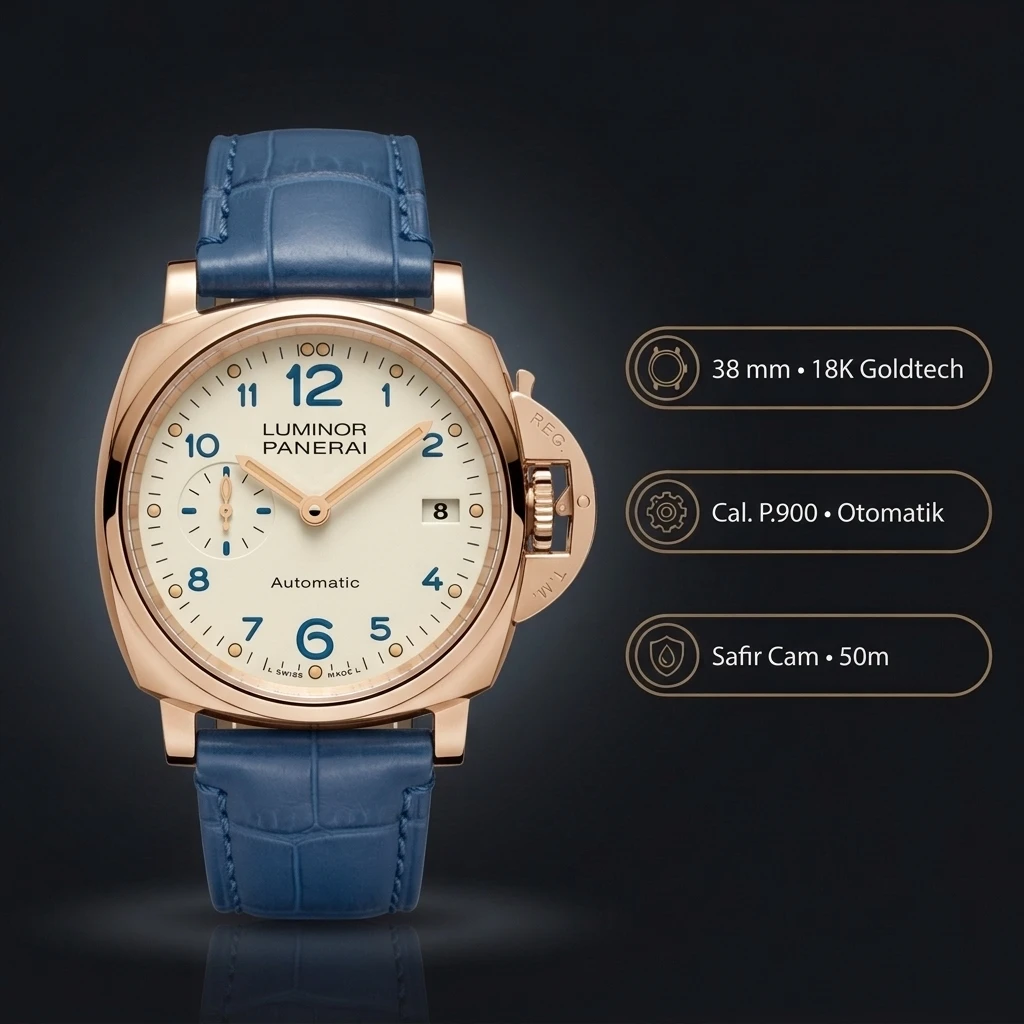 Panerai 38 mm PAM01247 Luminor Due Mavi Kadran Altın Super Clone ETA Saat