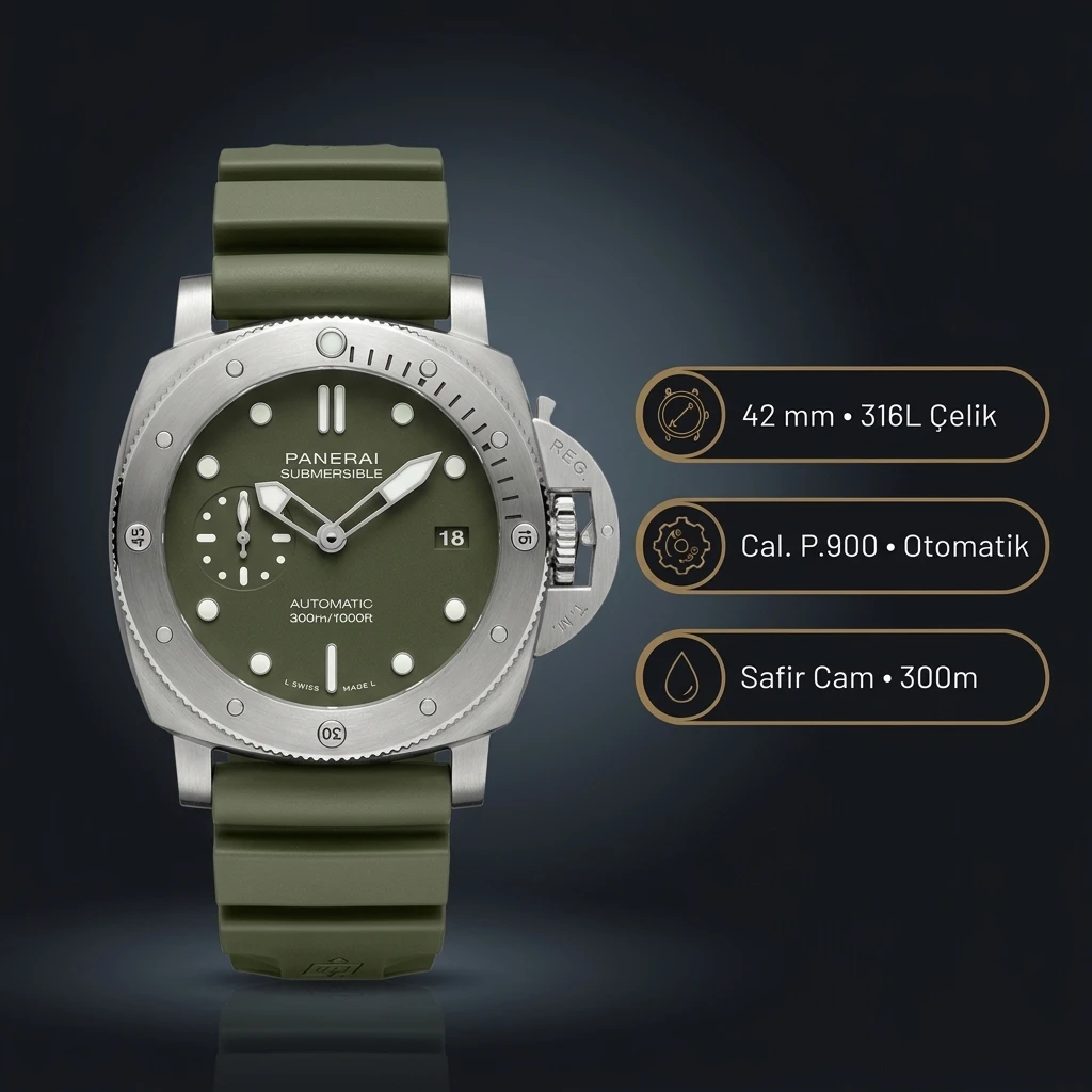 Panerai 42 mm PAM01069 Submersible Titanyum Yeşil Kordon Super Clone ETA Saat