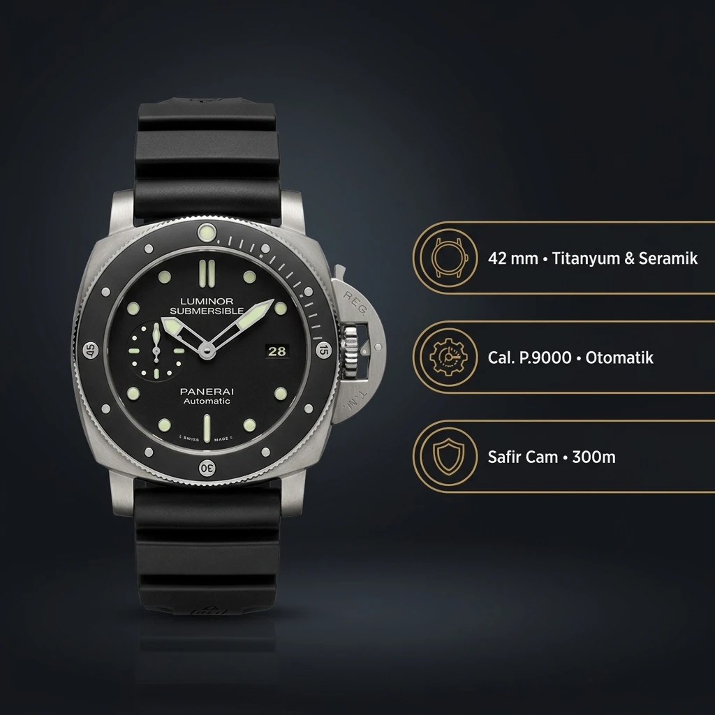 Panerai 42 mm PAM01222 Luminor Submersible Amagnetic Titanyum Kasa Siyah Kadran Siyah Bezel Siyah Kauçuk Kordon Super Clone ETA Saat