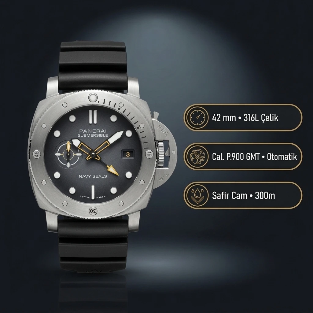 Panerai 42 mm PAM01222 Submersible Gri Kadran Klasik Super Clone ETA Saat