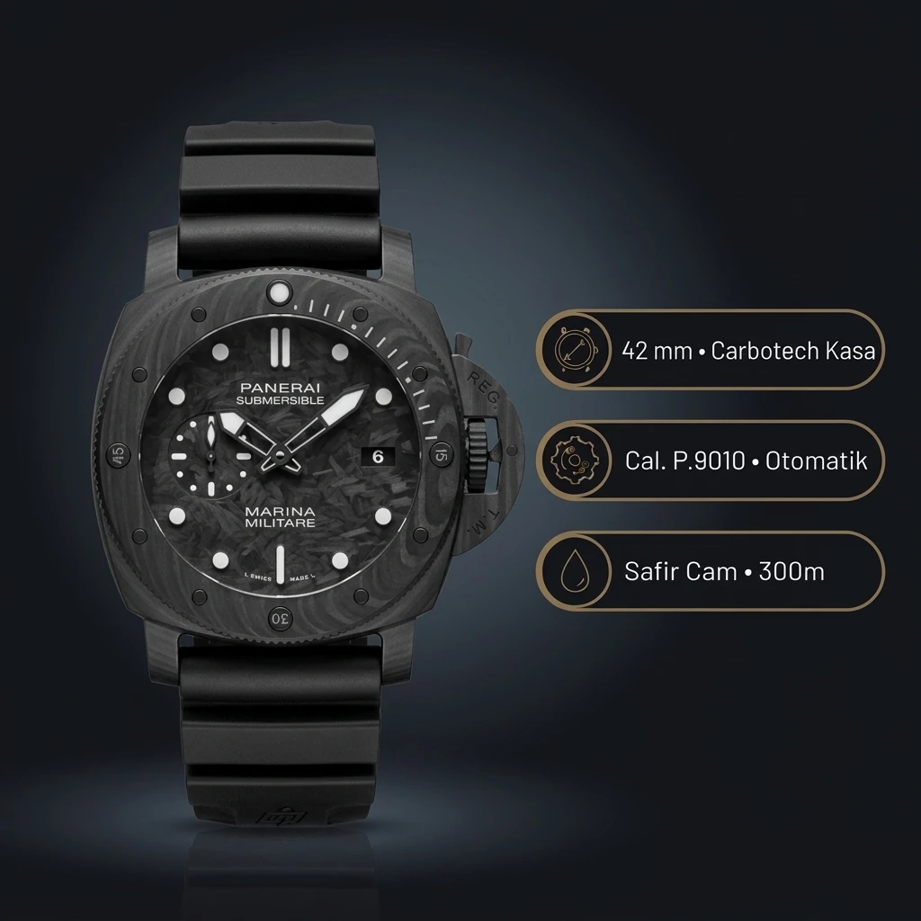 Panerai 42 mm PAM01222 Submersible Karbotech Siyah Kadran Kauçuk Kordon Super Clone ETA Saat