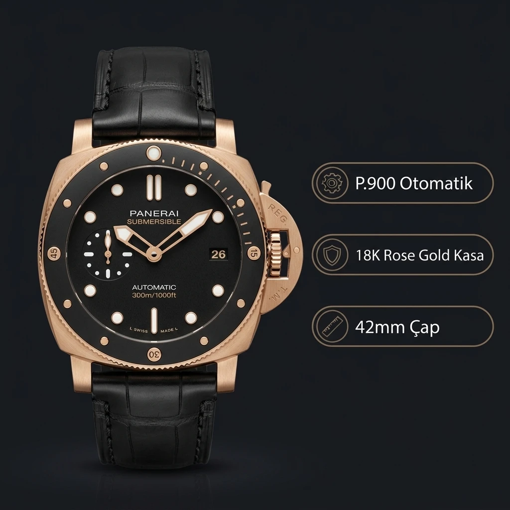 Panerai 42 mm PAM01222 Submersible Siyah Kadran Gold Super Clone ETA Saat