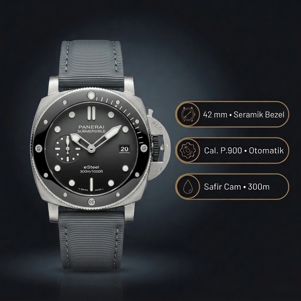 Panerai 42 mm PAM01222 Submersible Siyah Kadran Gri Kordon Super Clone ETA Saat